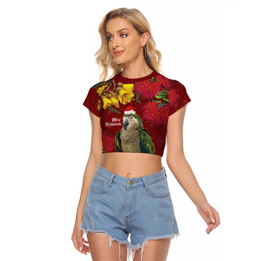 Kakapo Bird New Zealand Raglan Cropped T Shirt Floral Christmas LT7 Female Red - Polynesian Pride