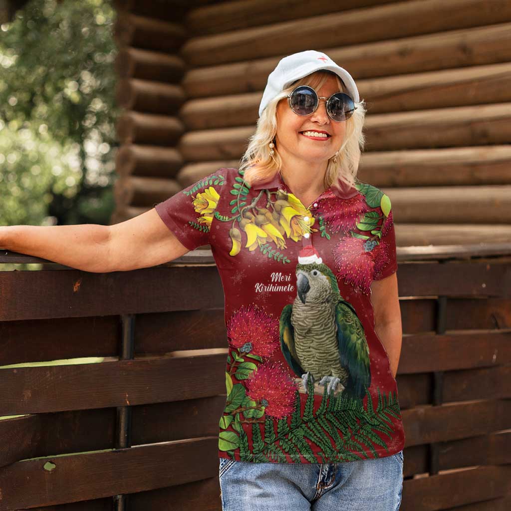Kakapo Bird New Zealand Women Polo Shirt Floral Christmas