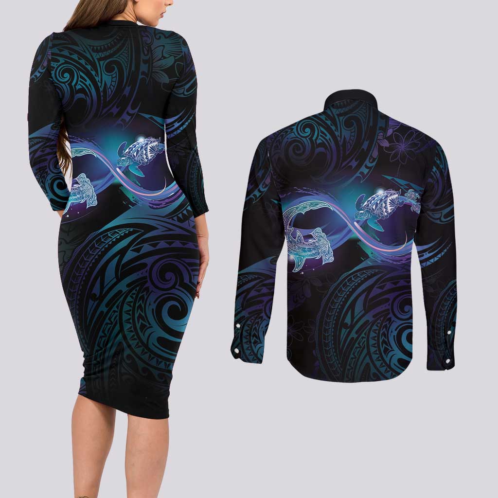 Polynesian Personalized Memorial Couples Matching Long Sleeve Bodycon Dress and Long Sleeve Button Shirt Oceanic Infinity Symbol - Until We Meet Again - Polynesian Pride