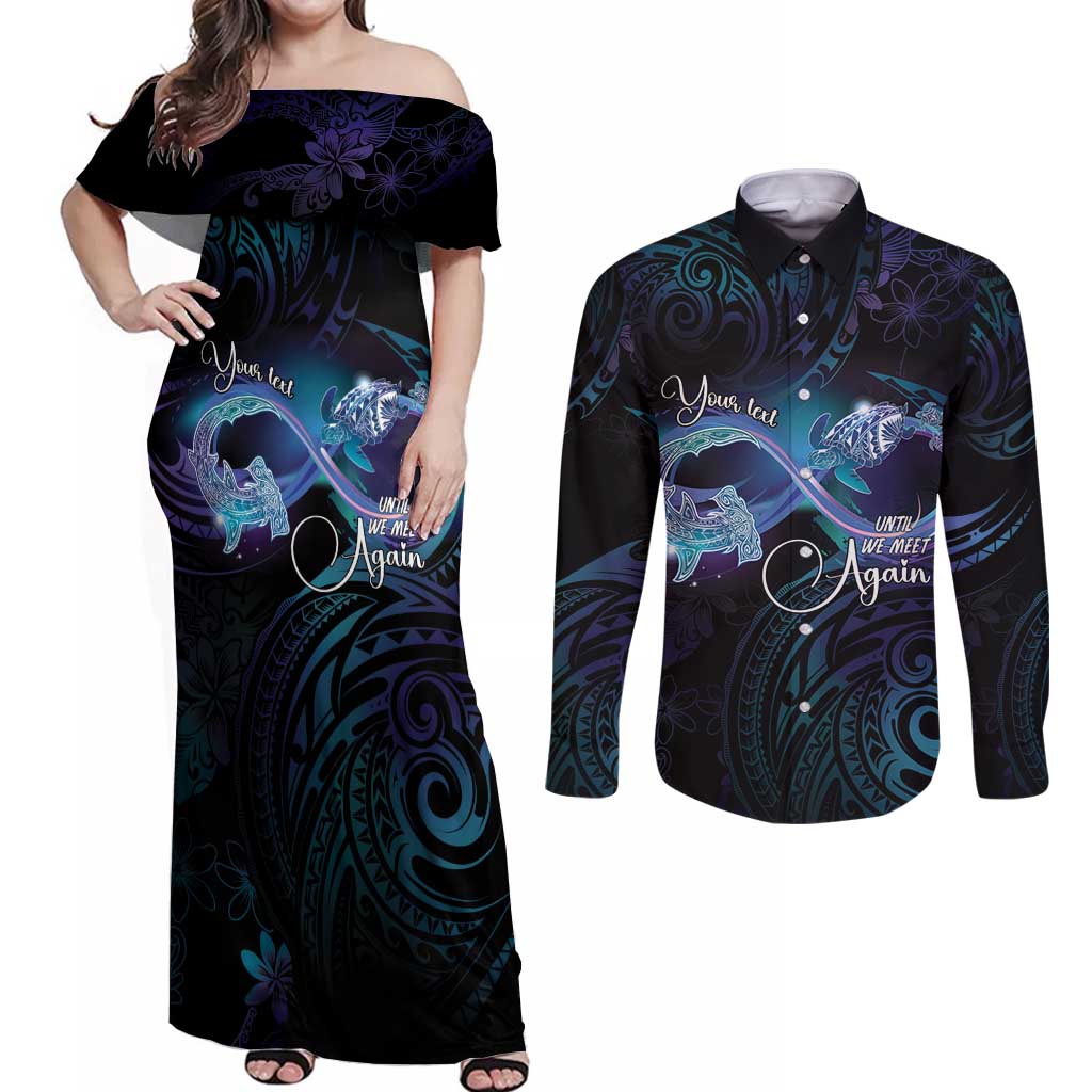 Polynesian Personalized Memorial Couples Matching Off Shoulder Maxi Dress and Long Sleeve Button Shirt Oceanic Infinity Symbol - Until We Meet Again - Polynesian Pride