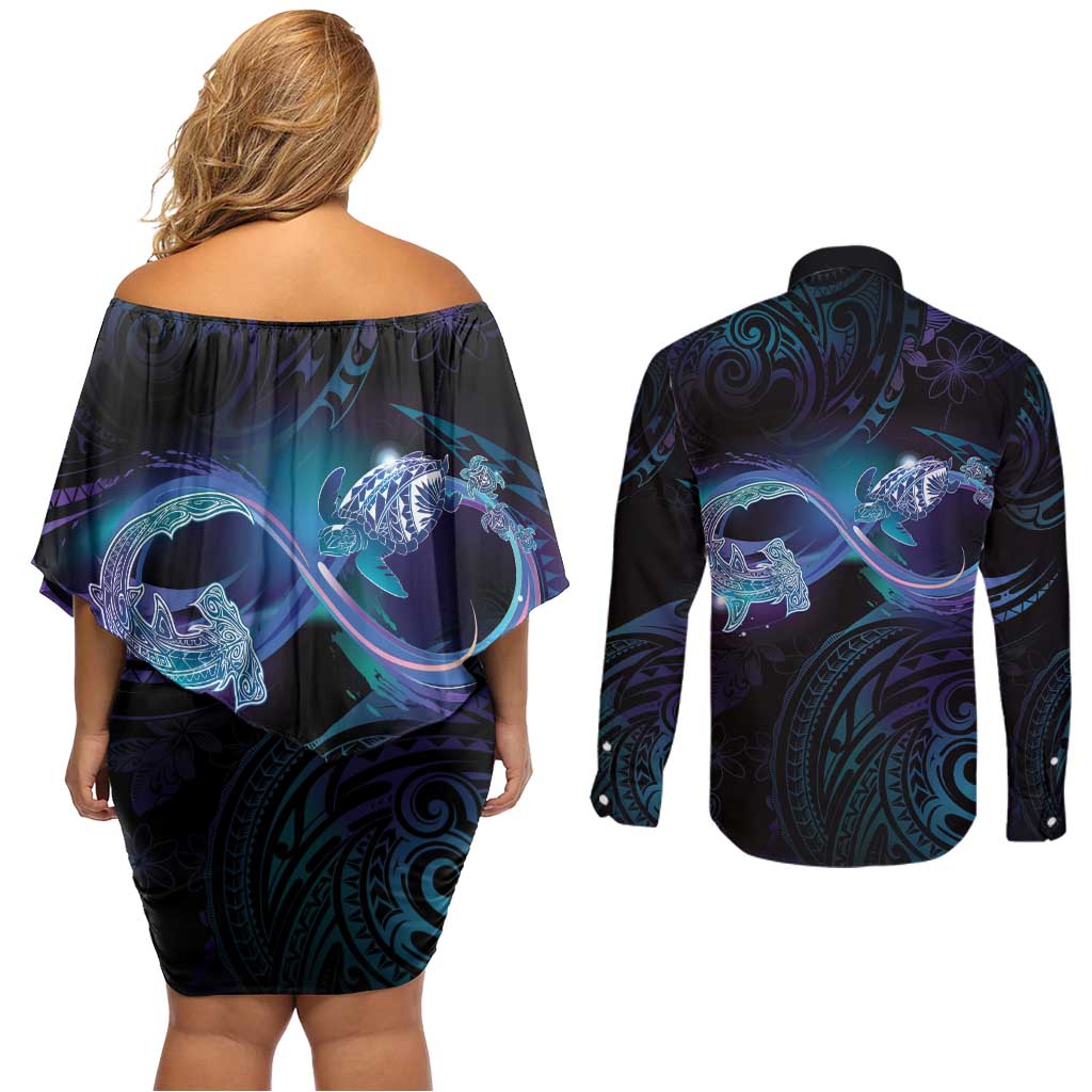Polynesian Personalized Memorial Couples Matching Off Shoulder Short Dress and Long Sleeve Button Shirt Oceanic Infinity Symbol - Until We Meet Again - Polynesian Pride