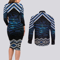 New Zealand Matariki Couples Matching Long Sleeve Bodycon Dress and Long Sleeve Button Shirt Galaxy Styled Taniko
