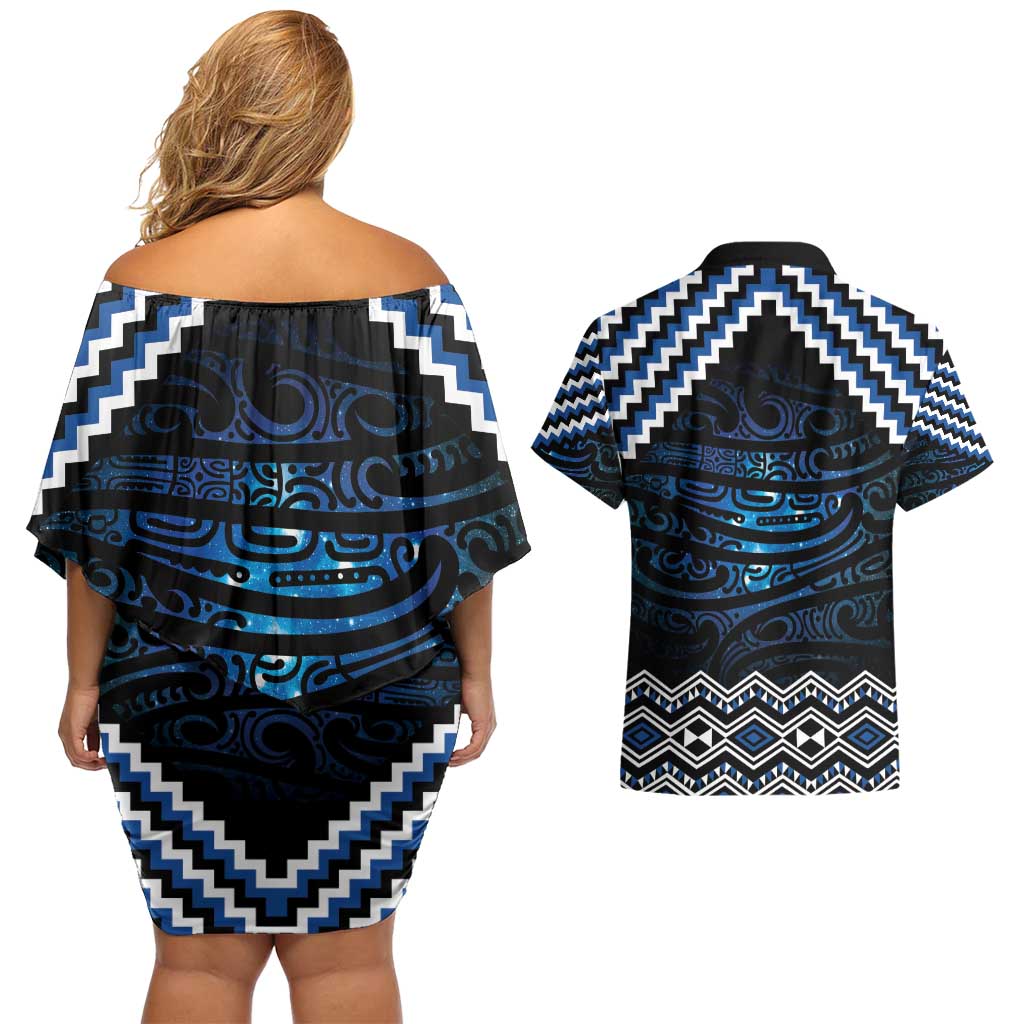 New Zealand Matariki Couples Matching Off Shoulder Short Dress and Hawaiian Shirt Galaxy Styled Taniko