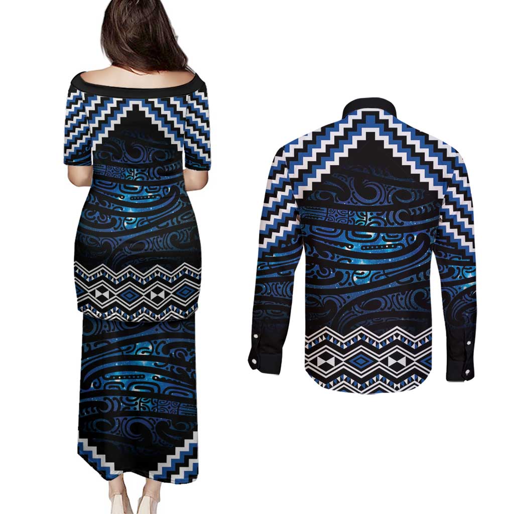 New Zealand Matariki Couples Matching Puletasi and Long Sleeve Button Shirt Galaxy Styled Taniko
