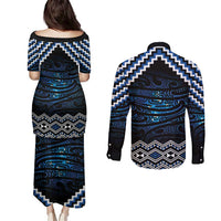 New Zealand Matariki Couples Matching Puletasi and Long Sleeve Button Shirt Galaxy Styled Taniko