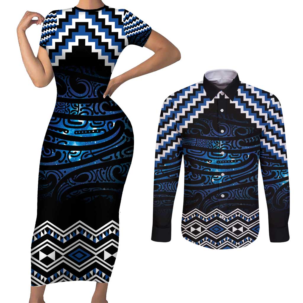 New Zealand Matariki Couples Matching Short Sleeve Bodycon Dress and Long Sleeve Button Shirt Galaxy Styled Taniko