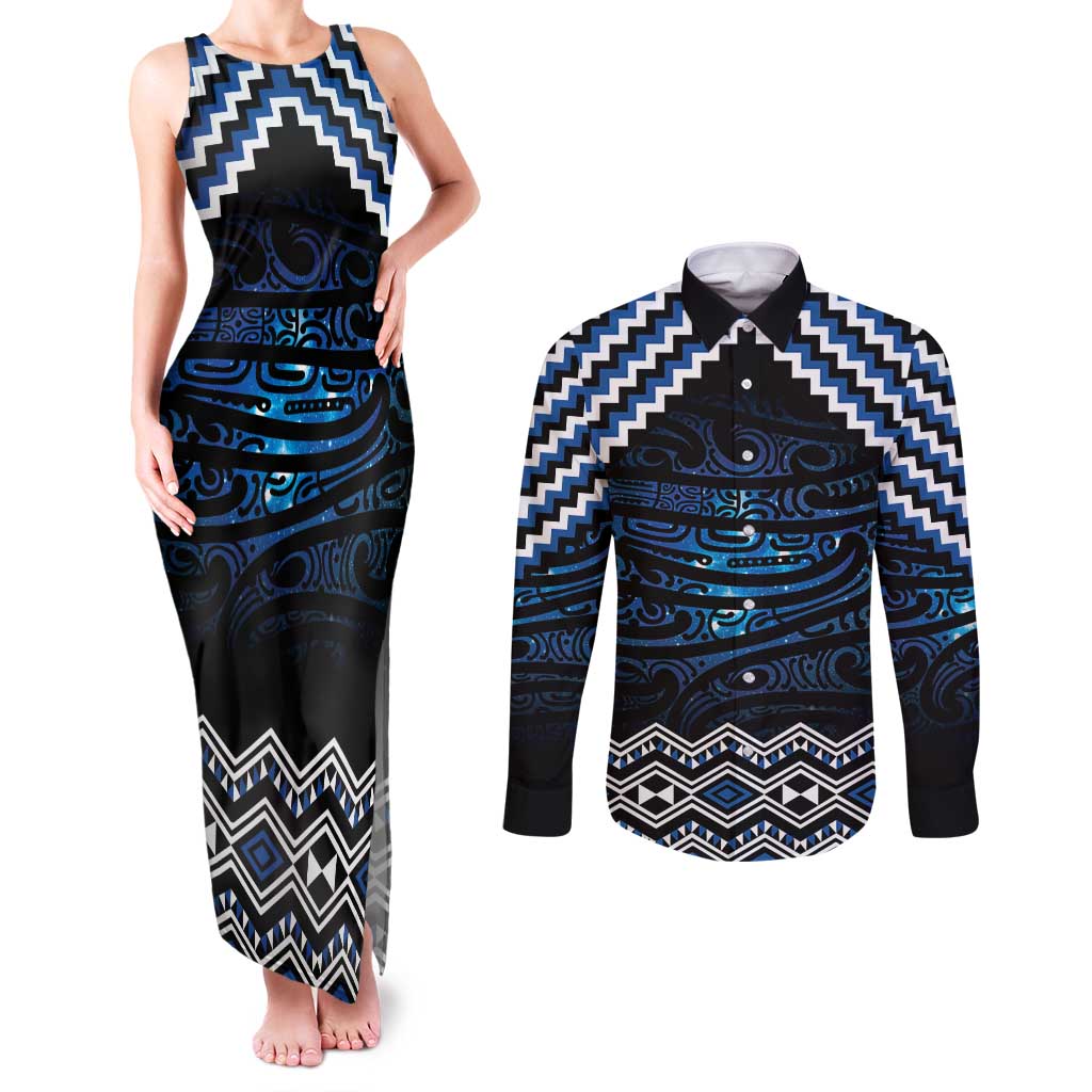 New Zealand Matariki Couples Matching Tank Maxi Dress and Long Sleeve Button Shirt Galaxy Styled Taniko