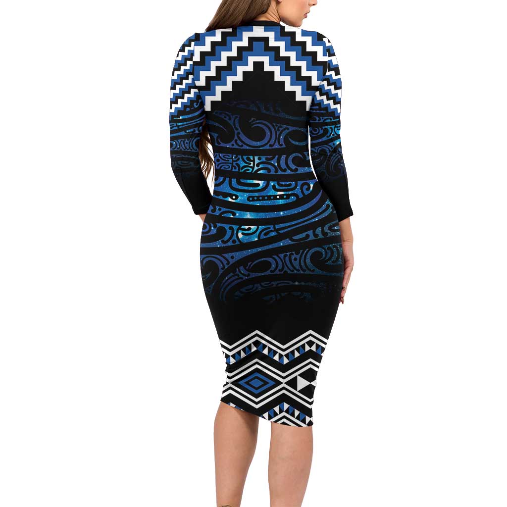 New Zealand Matariki Family Matching Long Sleeve Bodycon Dress and Hawaiian Shirt Galaxy Styled Taniko