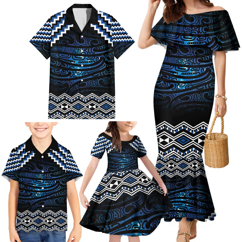 New Zealand Matariki Family Matching Mermaid Dress and Hawaiian Shirt Galaxy Styled Taniko