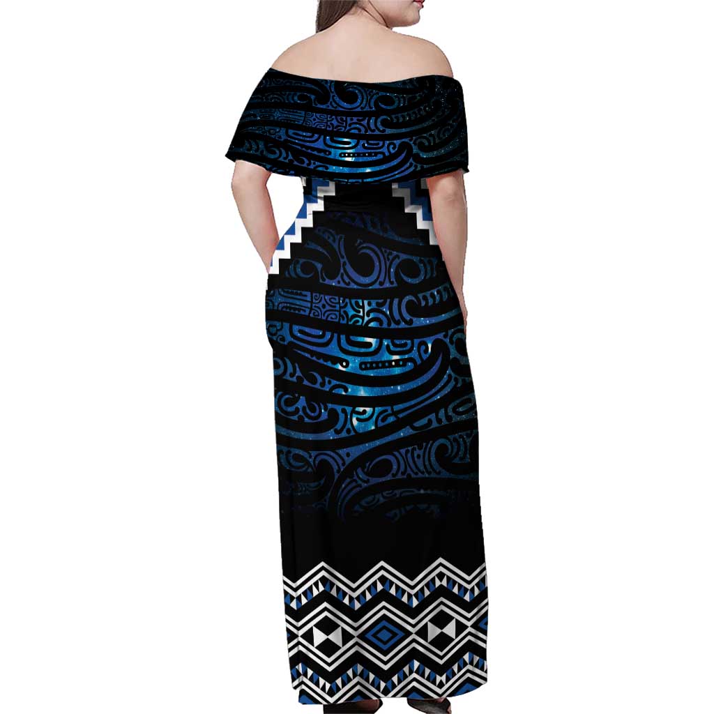 New Zealand Matariki Family Matching Off Shoulder Maxi Dress and Hawaiian Shirt Galaxy Styled Taniko