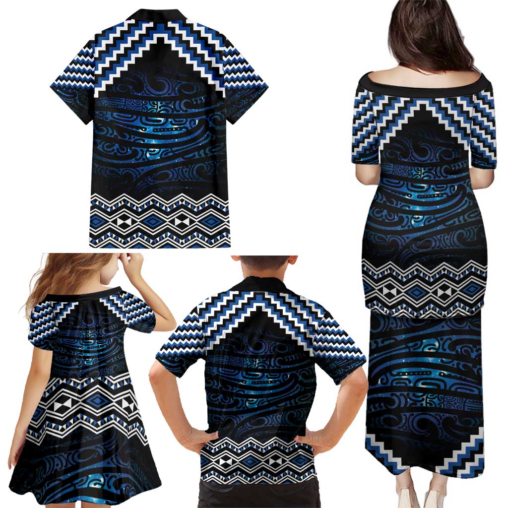 New Zealand Matariki Family Matching Puletasi and Hawaiian Shirt Galaxy Styled Taniko