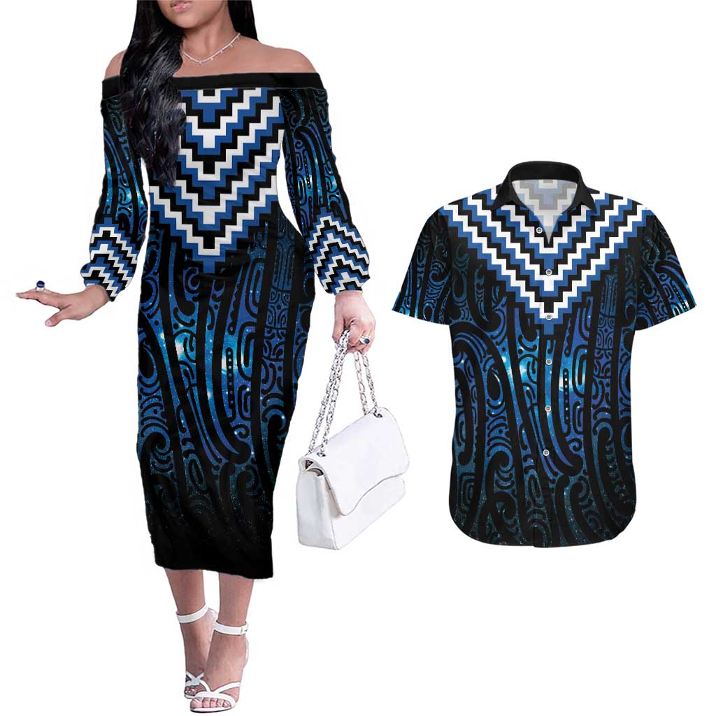 New Zealand Matariki Couples Matching Off The Shoulder Long Sleeve Dress and Hawaiian Shirt Galaxy Poutama Motifs