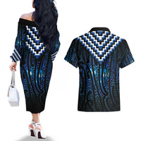New Zealand Matariki Couples Matching Off The Shoulder Long Sleeve Dress and Hawaiian Shirt Galaxy Poutama Motifs