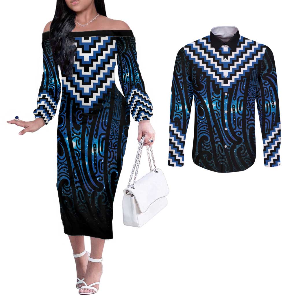 New Zealand Matariki Couples Matching Off The Shoulder Long Sleeve Dress and Long Sleeve Button Shirt Galaxy Poutama Motifs