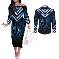 New Zealand Matariki Couples Matching Off The Shoulder Long Sleeve Dress and Long Sleeve Button Shirt Galaxy Poutama Motifs