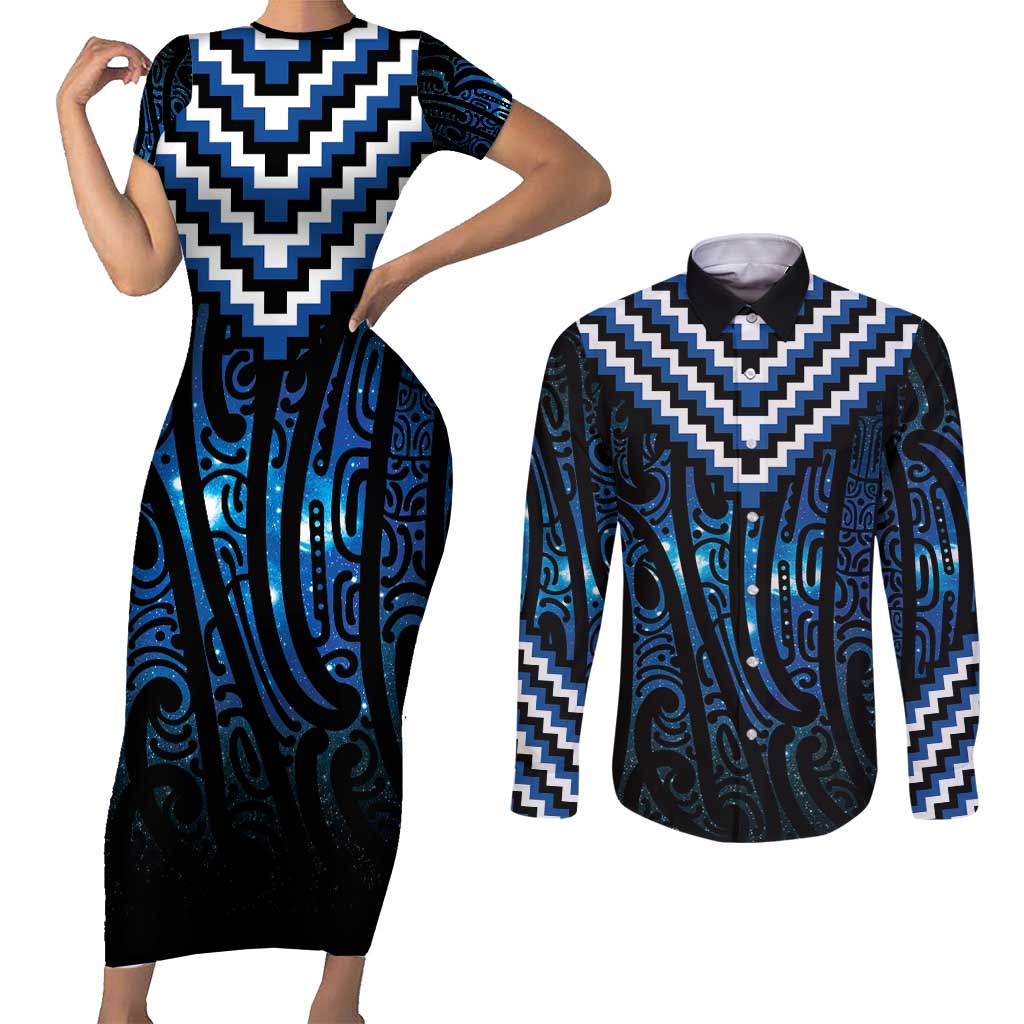 New Zealand Matariki Couples Matching Short Sleeve Bodycon Dress and Long Sleeve Button Shirt Galaxy Poutama Motifs