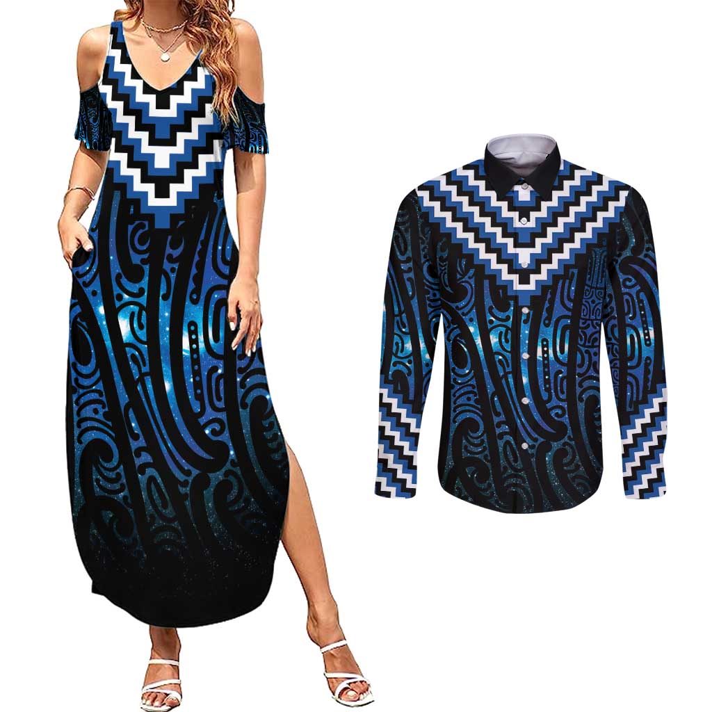 New Zealand Matariki Couples Matching Summer Maxi Dress and Long Sleeve Button Shirt Galaxy Poutama Motifs