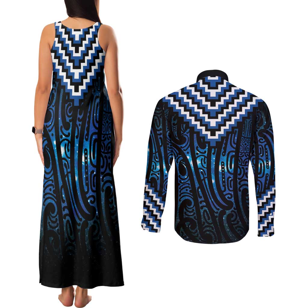 New Zealand Matariki Couples Matching Tank Maxi Dress and Long Sleeve Button Shirt Galaxy Poutama Motifs