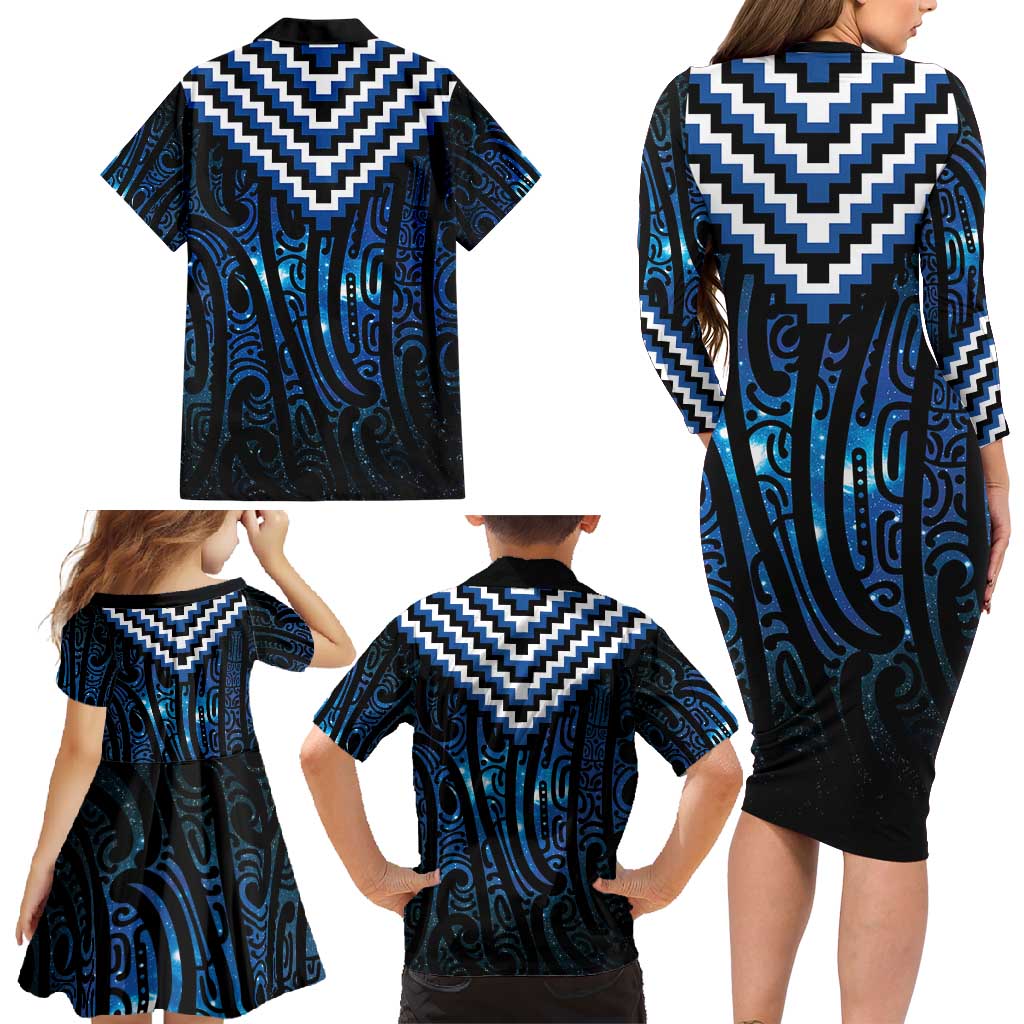 New Zealand Matariki Family Matching Long Sleeve Bodycon Dress and Hawaiian Shirt Galaxy Poutama Motifs