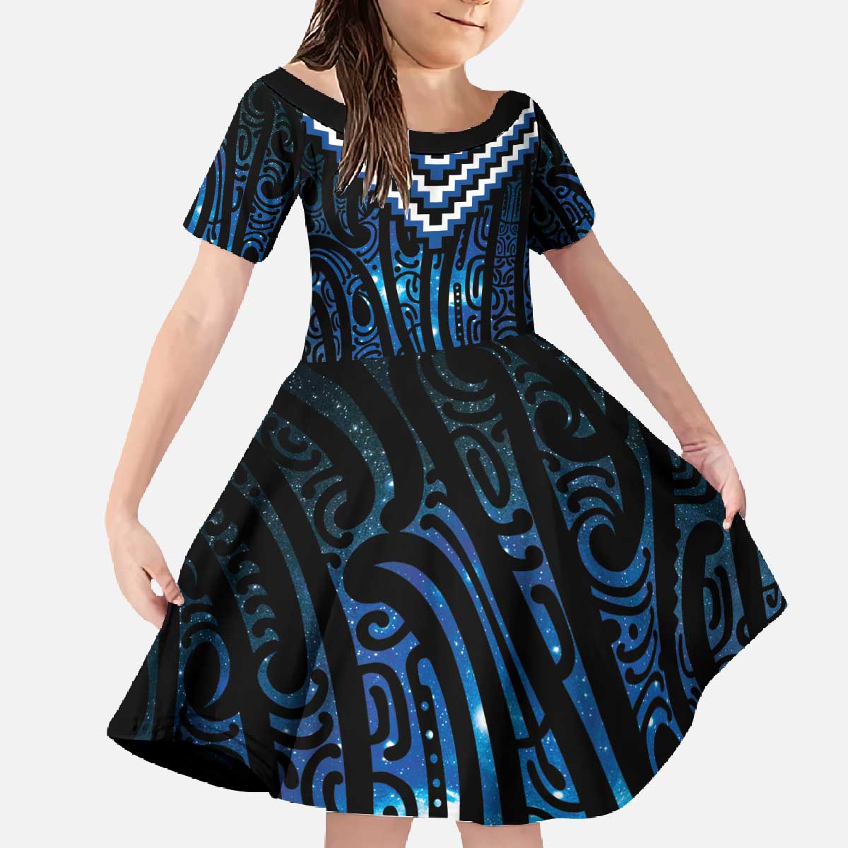 New Zealand Matariki Family Matching Off The Shoulder Long Sleeve Dress and Hawaiian Shirt Galaxy Poutama Motifs