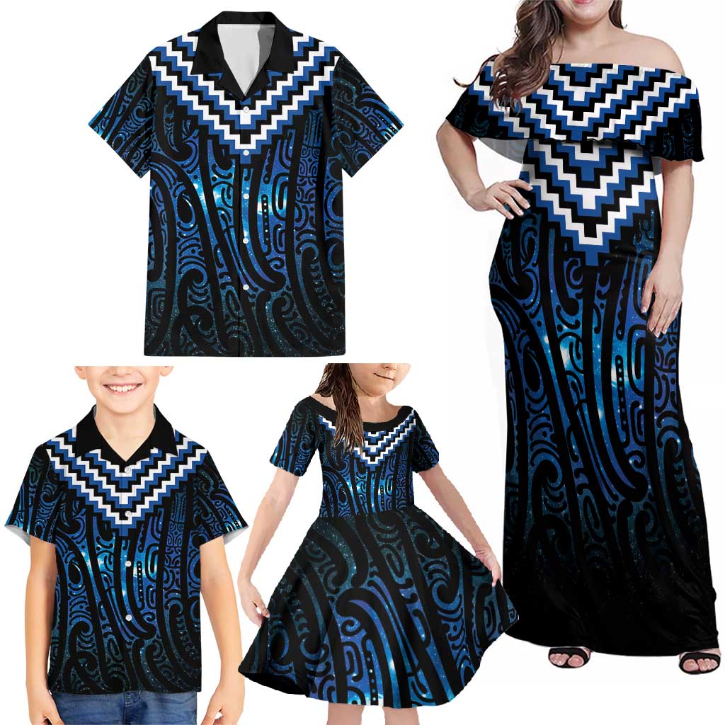 New Zealand Matariki Family Matching Off Shoulder Maxi Dress and Hawaiian Shirt Galaxy Poutama Motifs
