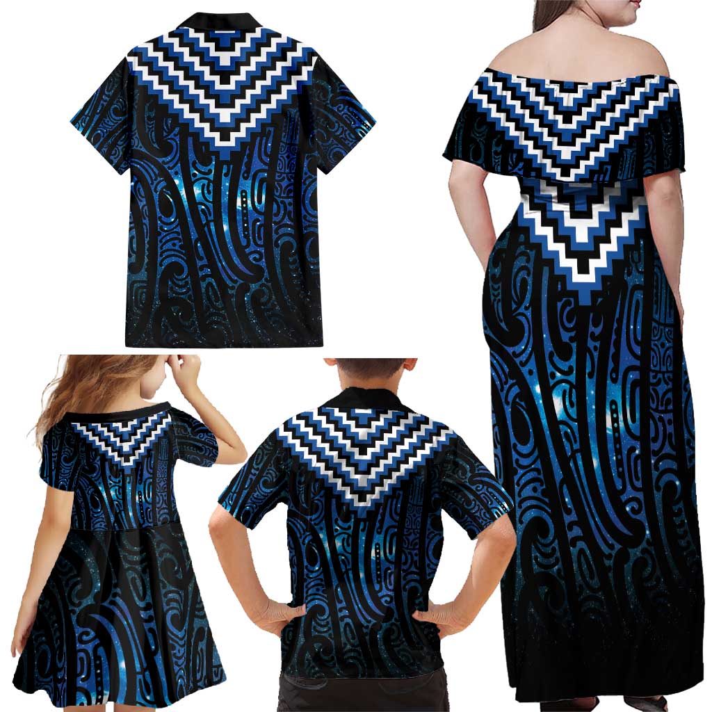 New Zealand Matariki Family Matching Off Shoulder Maxi Dress and Hawaiian Shirt Galaxy Poutama Motifs