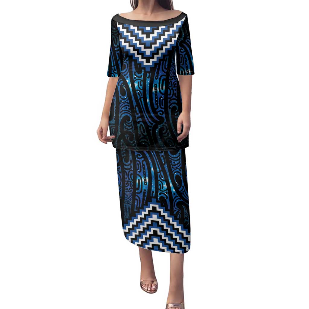 New Zealand Matariki Family Matching Puletasi and Hawaiian Shirt Galaxy Poutama Motifs