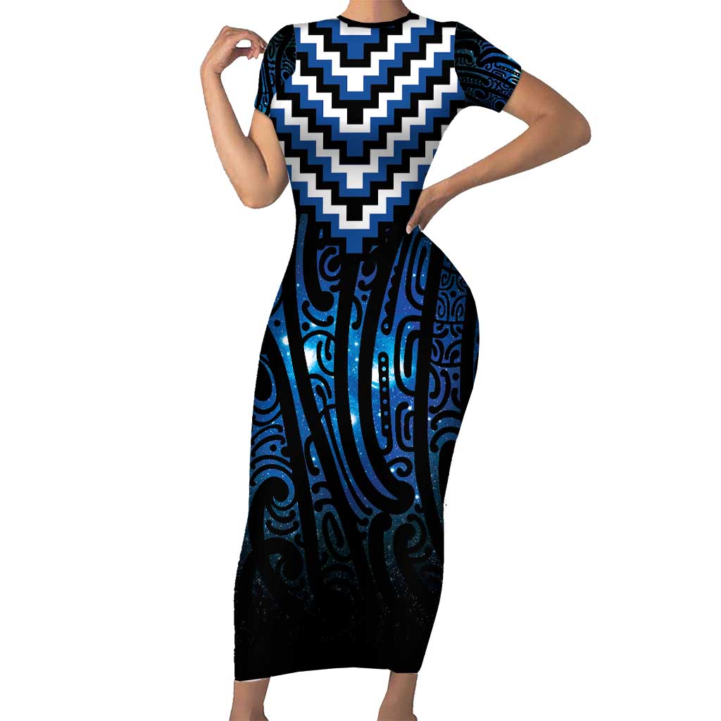 New Zealand Matariki Family Matching Short Sleeve Bodycon Dress and Hawaiian Shirt Galaxy Poutama Motifs