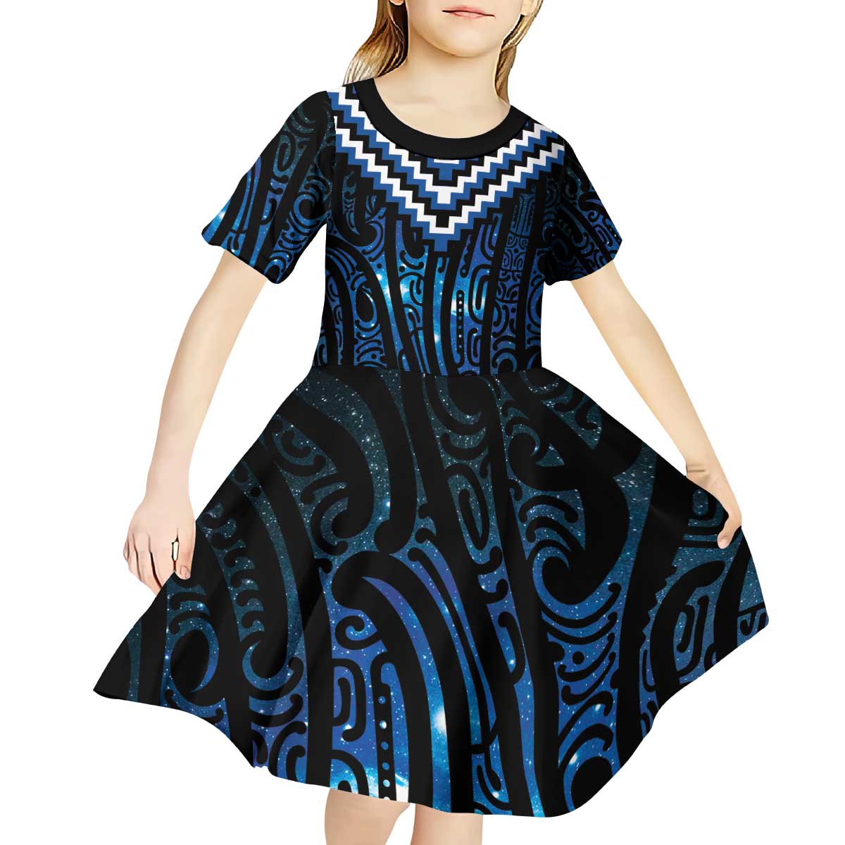 New Zealand Matariki Kid Short Sleeve Dress Galaxy Poutama Motifs