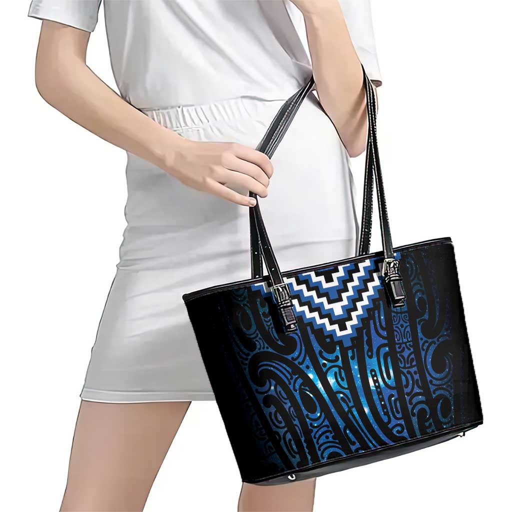 New Zealand Matariki Leather Tote Bag Galaxy Poutama Motifs