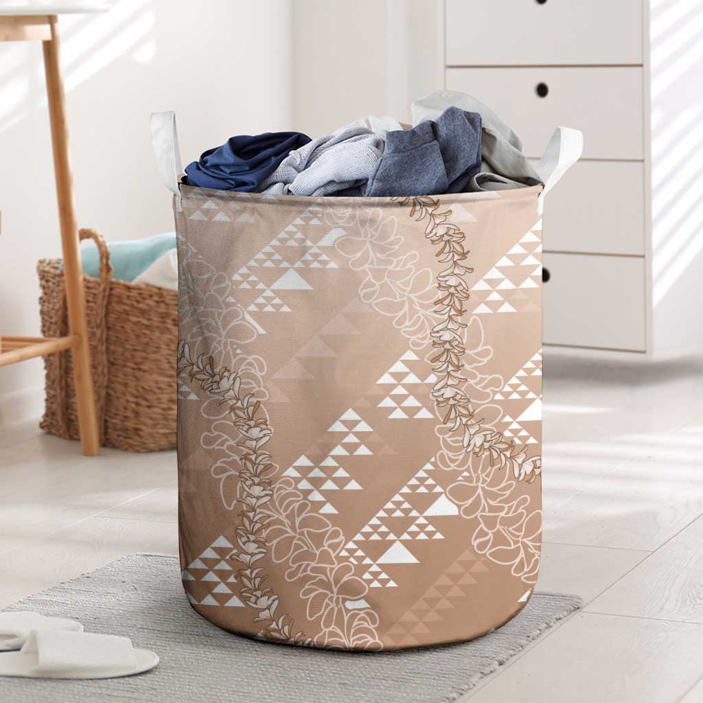 Hawaii Beige Kapa Laundry Basket Vintage 'Ohe Kāpala Motifs Mix Plumeria Leis