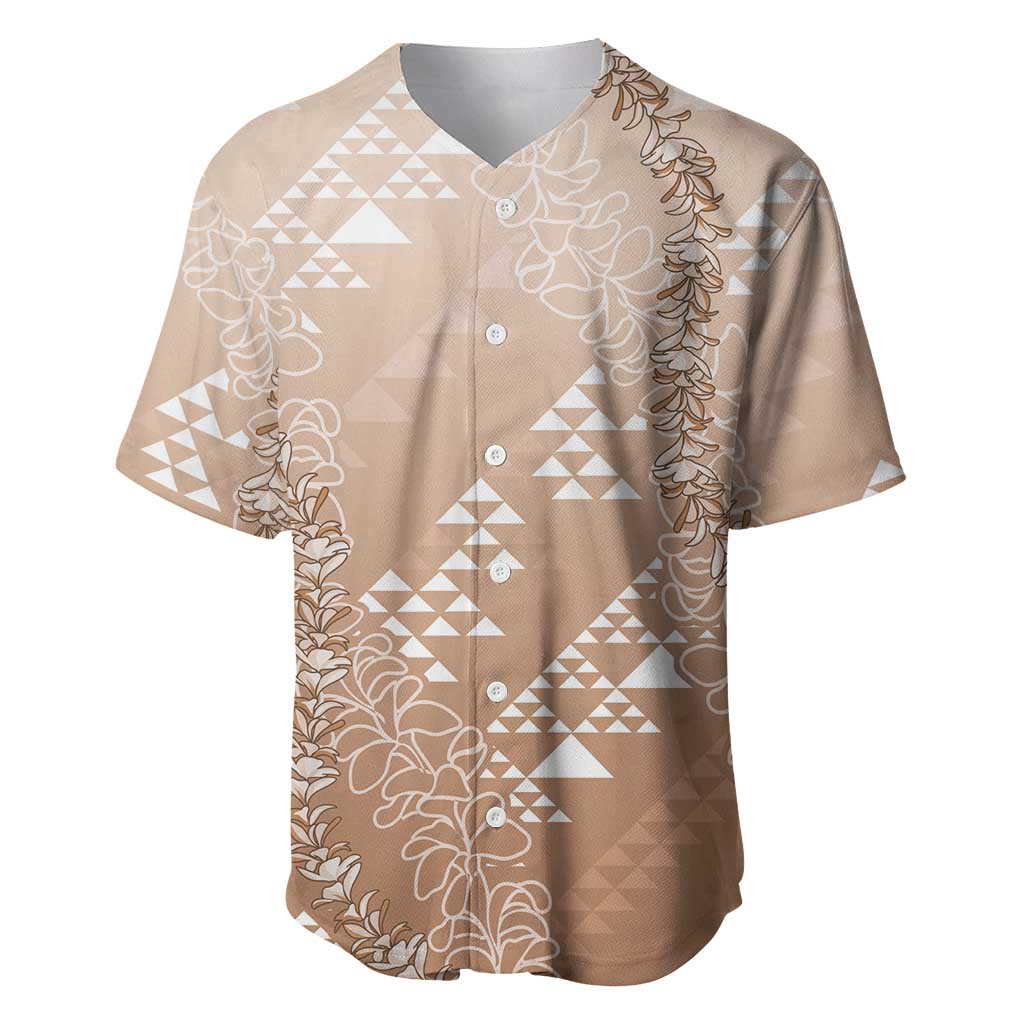 Hawaii Beige Kapa Baseball Jersey Vintage 'Ohe Kāpala Motifs Mix Plumeria Leis LT7 Beige - Polynesian Pride