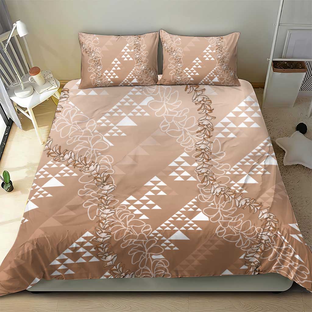 Hawaii Beige Kapa Bedding Set Vintage 'Ohe Kāpala Motifs Mix Plumeria Leis