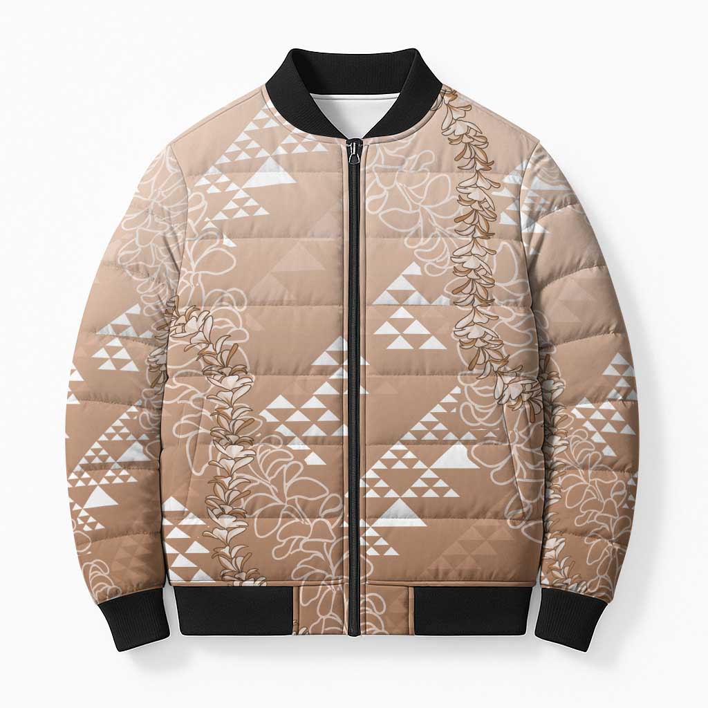 Hawaii Beige Kapa Bomber Puffer Jacket Vintage 'Ohe Kāpala Motifs Mix Plumeria Leis