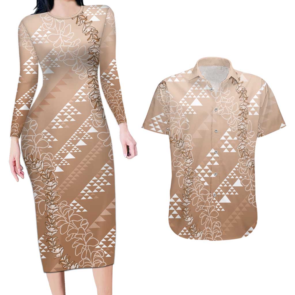 Hawaii Beige Kapa Couples Matching Long Sleeve Bodycon Dress and Hawaiian Shirt Vintage 'Ohe Kāpala Motifs Mix Plumeria Leis