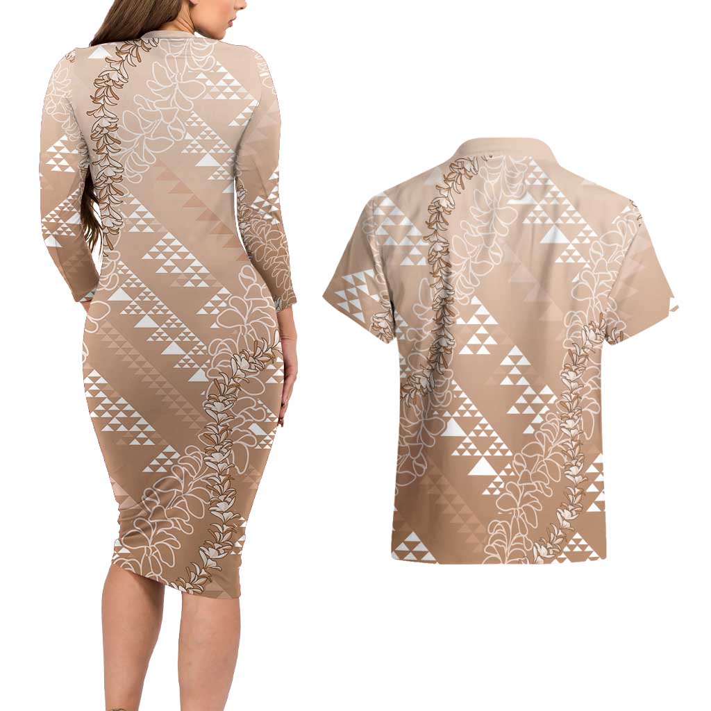 Hawaii Beige Kapa Couples Matching Long Sleeve Bodycon Dress and Hawaiian Shirt Vintage 'Ohe Kāpala Motifs Mix Plumeria Leis