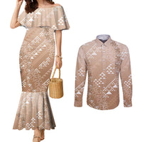 Hawaii Beige Kapa Couples Matching Mermaid Dress and Long Sleeve Button Shirt Vintage 'Ohe Kāpala Motifs Mix Plumeria Leis