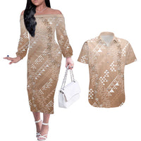 Hawaii Beige Kapa Couples Matching Off The Shoulder Long Sleeve Dress and Hawaiian Shirt Vintage 'Ohe Kāpala Motifs Mix Plumeria Leis
