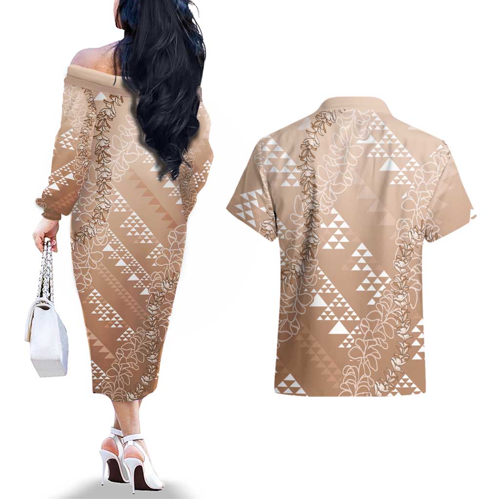 Hawaii Beige Kapa Couples Matching Off The Shoulder Long Sleeve Dress and Hawaiian Shirt Vintage 'Ohe Kāpala Motifs Mix Plumeria Leis
