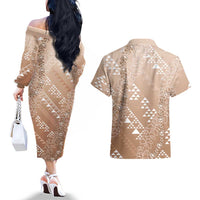 Hawaii Beige Kapa Couples Matching Off The Shoulder Long Sleeve Dress and Hawaiian Shirt Vintage 'Ohe Kāpala Motifs Mix Plumeria Leis
