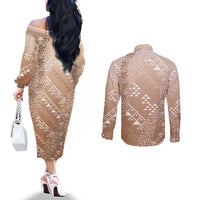 Hawaii Beige Kapa Couples Matching Off The Shoulder Long Sleeve Dress and Long Sleeve Button Shirt Vintage 'Ohe Kāpala Motifs Mix Plumeria Leis