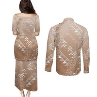 Hawaii Beige Kapa Couples Matching Puletasi and Long Sleeve Button Shirt Vintage 'Ohe Kāpala Motifs Mix Plumeria Leis