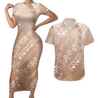 Hawaii Beige Kapa Couples Matching Short Sleeve Bodycon Dress and Hawaiian Shirt Vintage 'Ohe Kāpala Motifs Mix Plumeria Leis