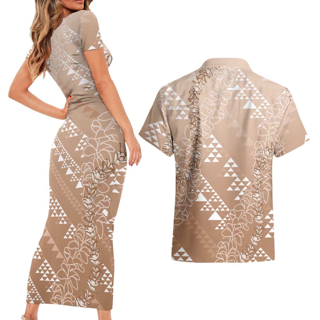 Hawaii Beige Kapa Couples Matching Short Sleeve Bodycon Dress and Hawaiian Shirt Vintage 'Ohe Kāpala Motifs Mix Plumeria Leis