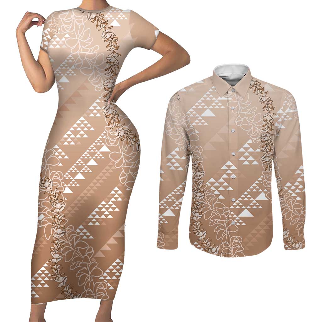 Hawaii Beige Kapa Couples Matching Short Sleeve Bodycon Dress and Long Sleeve Button Shirt Vintage 'Ohe Kāpala Motifs Mix Plumeria Leis