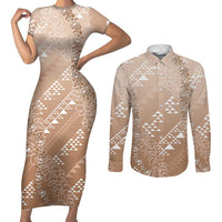 Hawaii Beige Kapa Couples Matching Short Sleeve Bodycon Dress and Long Sleeve Button Shirt Vintage 'Ohe Kāpala Motifs Mix Plumeria Leis