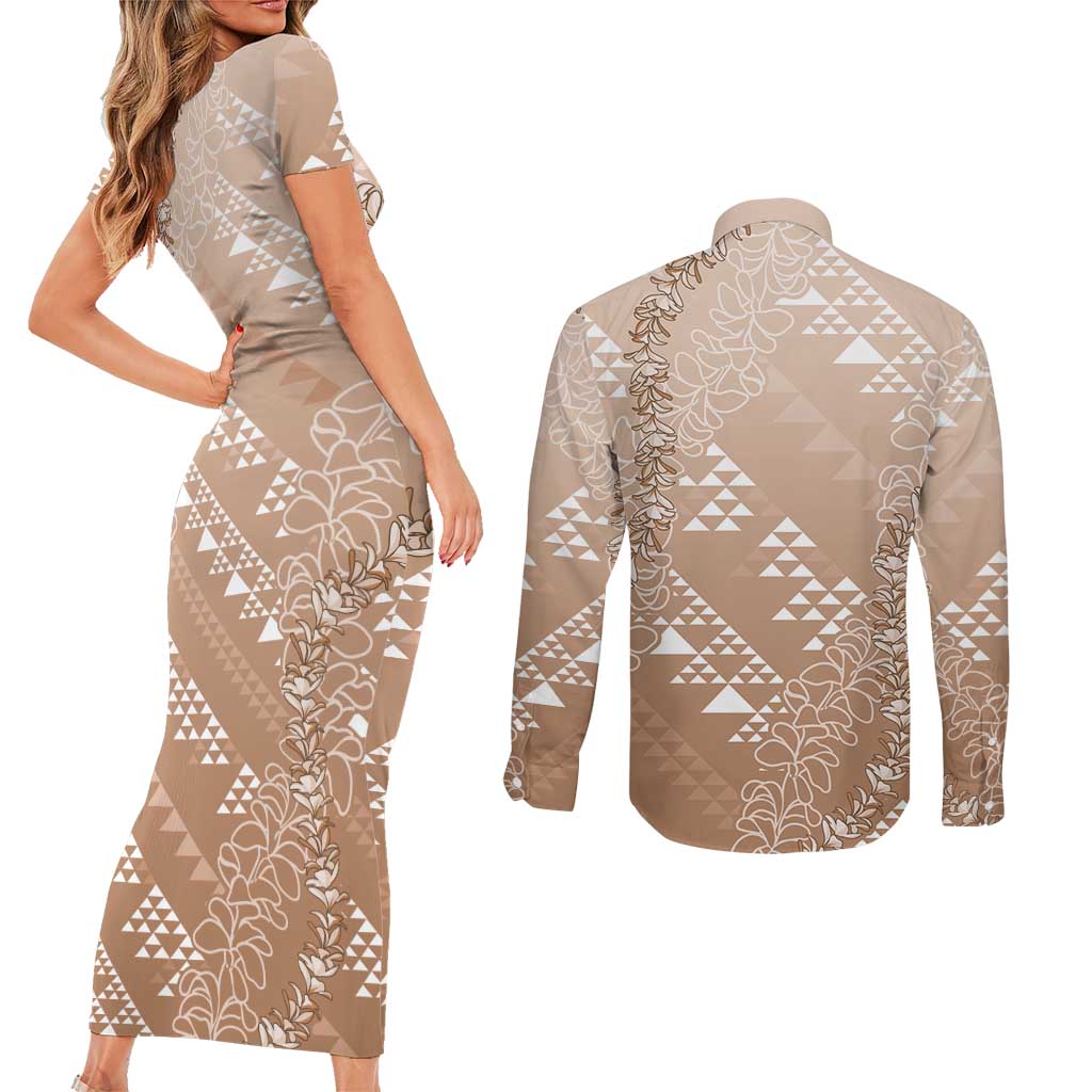 Hawaii Beige Kapa Couples Matching Short Sleeve Bodycon Dress and Long Sleeve Button Shirt Vintage 'Ohe Kāpala Motifs Mix Plumeria Leis