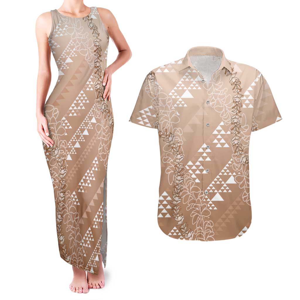 Hawaii Beige Kapa Couples Matching Tank Maxi Dress and Hawaiian Shirt Vintage 'Ohe Kāpala Motifs Mix Plumeria Leis