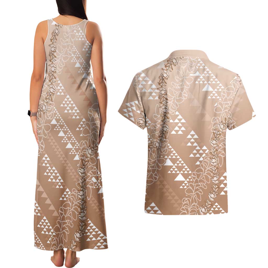 Hawaii Beige Kapa Couples Matching Tank Maxi Dress and Hawaiian Shirt Vintage 'Ohe Kāpala Motifs Mix Plumeria Leis
