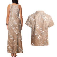 Hawaii Beige Kapa Couples Matching Tank Maxi Dress and Hawaiian Shirt Vintage 'Ohe Kāpala Motifs Mix Plumeria Leis
